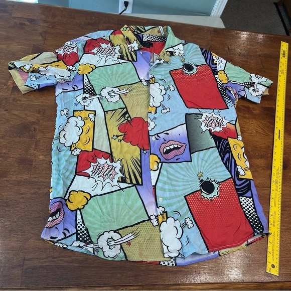 Zara Men’s graphic cartoon comic button up 100% viscose shirt size Large - Picture 1 of 7